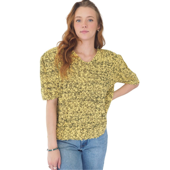 80s Vintage Knit Short Sleeve Yellow Black Sweater Shoulder Pads Women's Size M - Picture 1 of 5